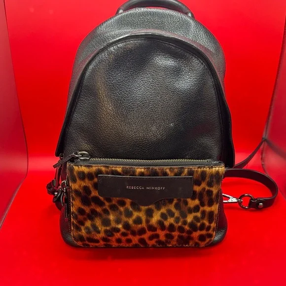 Rebecca Minkoff Emma Leopard print Backpack in black leather and Calf Hair NWOT - Picture 1 of 11
